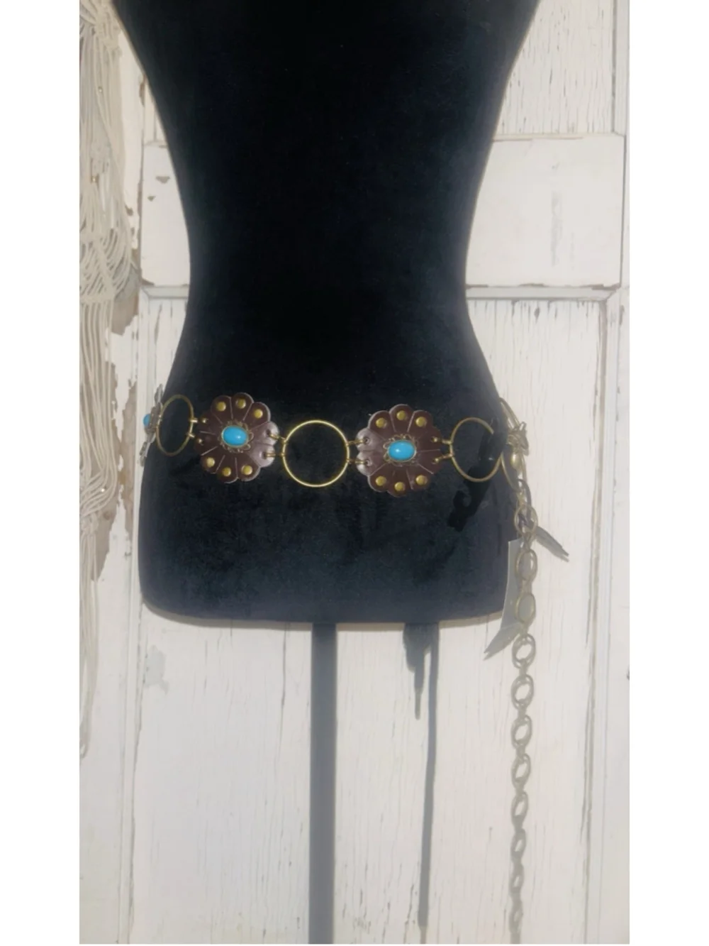 Faux turquoise Leather Tone Chain link OX-1X‎ wide adjustable Belt